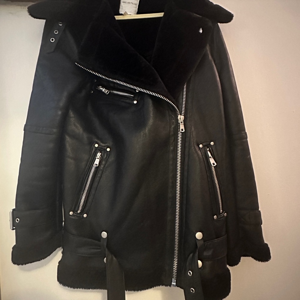 Avec Les Filles Oversized Faux Shearling Biker Moto Jacket Size Small - Picture 12 of 12